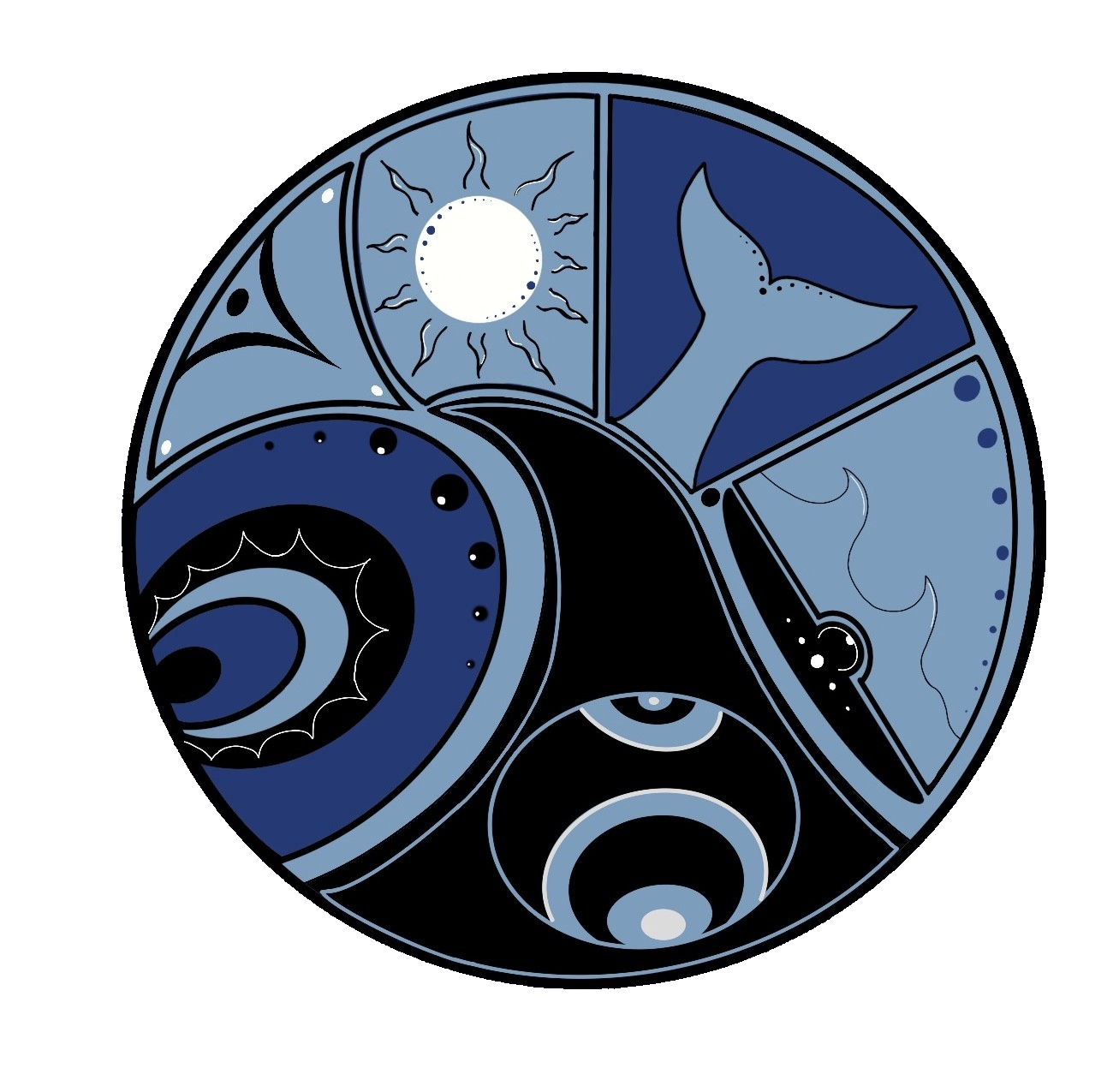 Kwigwis Adventures circular logo featuring ocean elements in blue and black tones.